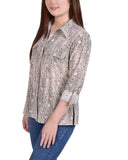 Petite 3/4 Sleeve Roll Tab Notch Collar Blouse