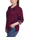 Petite 3/4 Sleeve Roll Tab Notch Collar Blouse