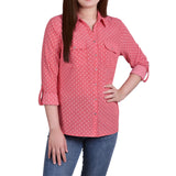 Petite 3/4 Sleeve Roll Tab Notch Collar Blouse