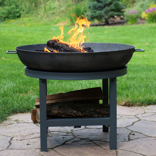 Camping or Backyard Cast Iron Round Fire Pit with Built-In Log Rack - 30" - Dark Gray