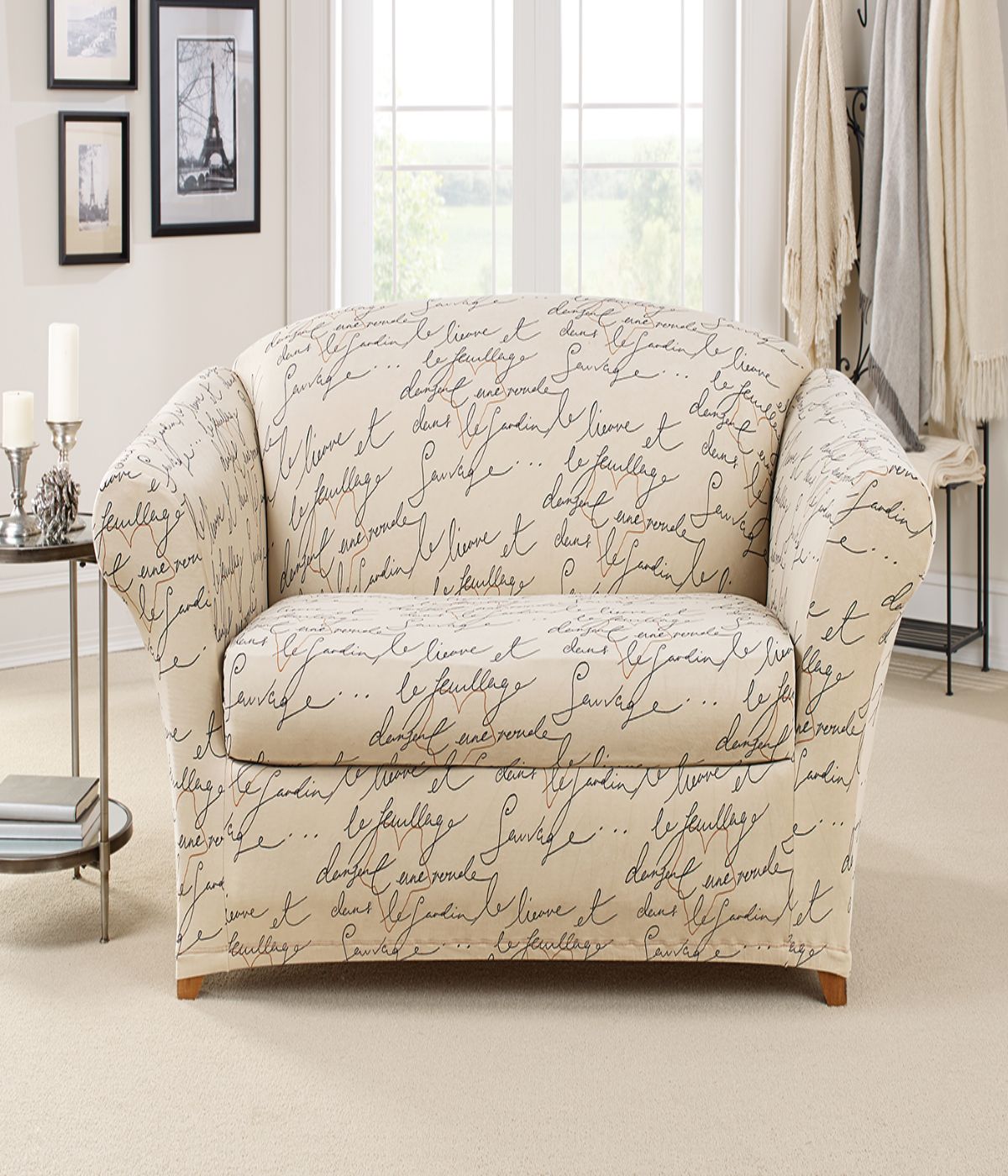 Waverly Stretch Pen Pal Two Piece Loveseat Slipcover Parchment