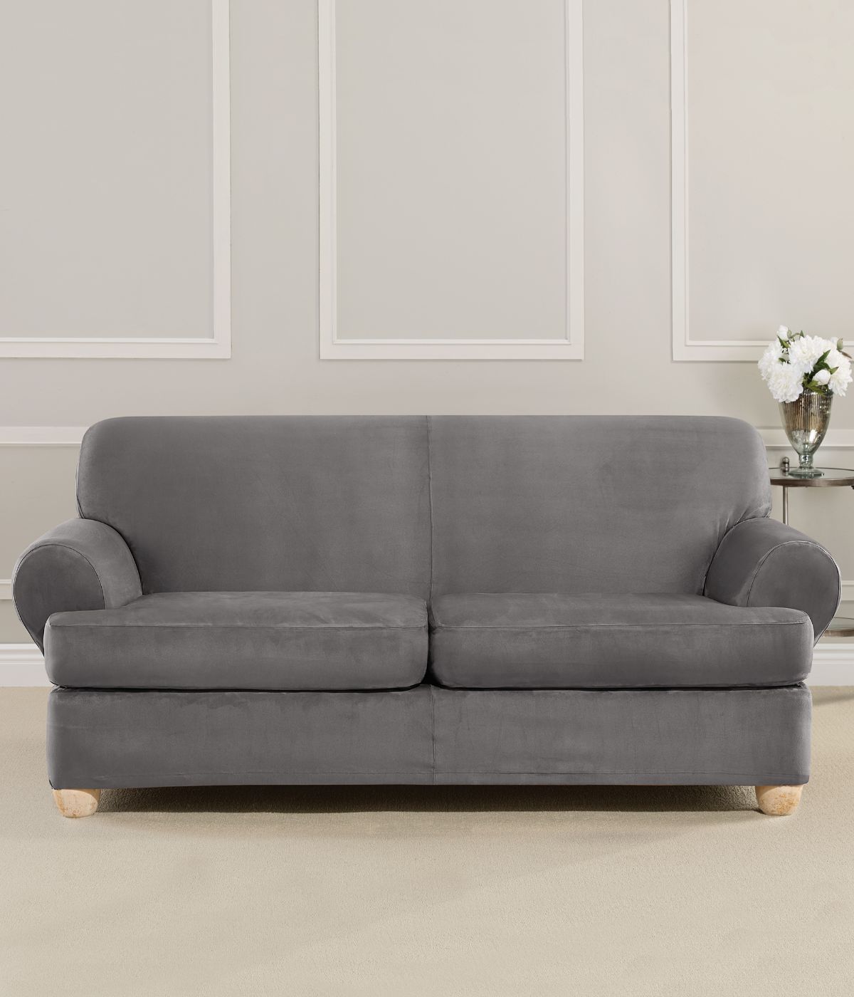 Ultimate Stretch Suede Three Piece T Cushion Sofa Slipcover Slate Gray 