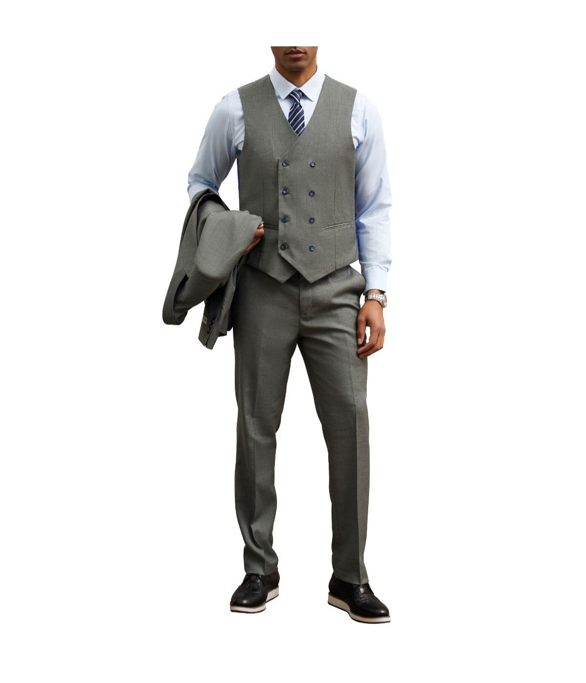 Mens Three Piece Windowpane Peak Lapel Suit With Matching Double Breasted Vest Grey