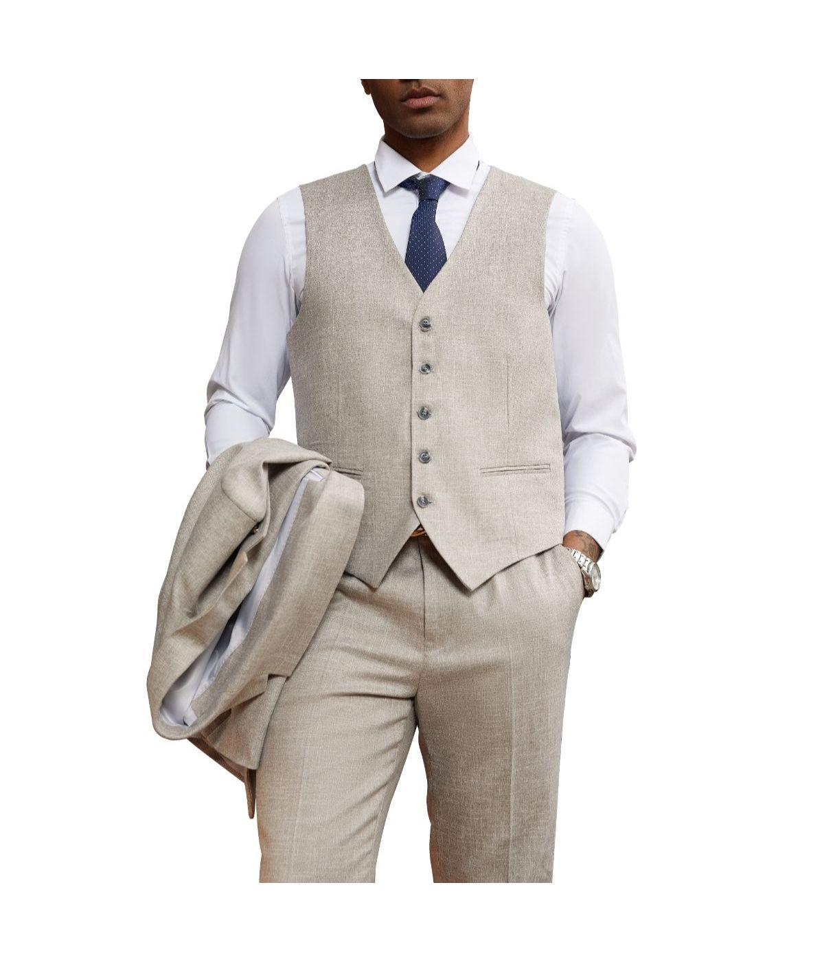 Mens Three Piece Solid Texture Notch Lapel Suit With Matching Vest Tan