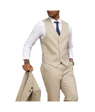 Mens Three Piece Solid Texture Notch Lapel Suit With Matching Vest Beige