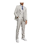 Mens Three Piece Solid Texture Notch Lapel Suit With Matching Vest 1 Light Grey
