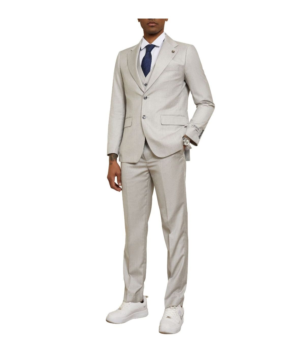 Mens Three Piece Solid Texture Notch Lapel Suit With Matching Vest 1 Light Grey