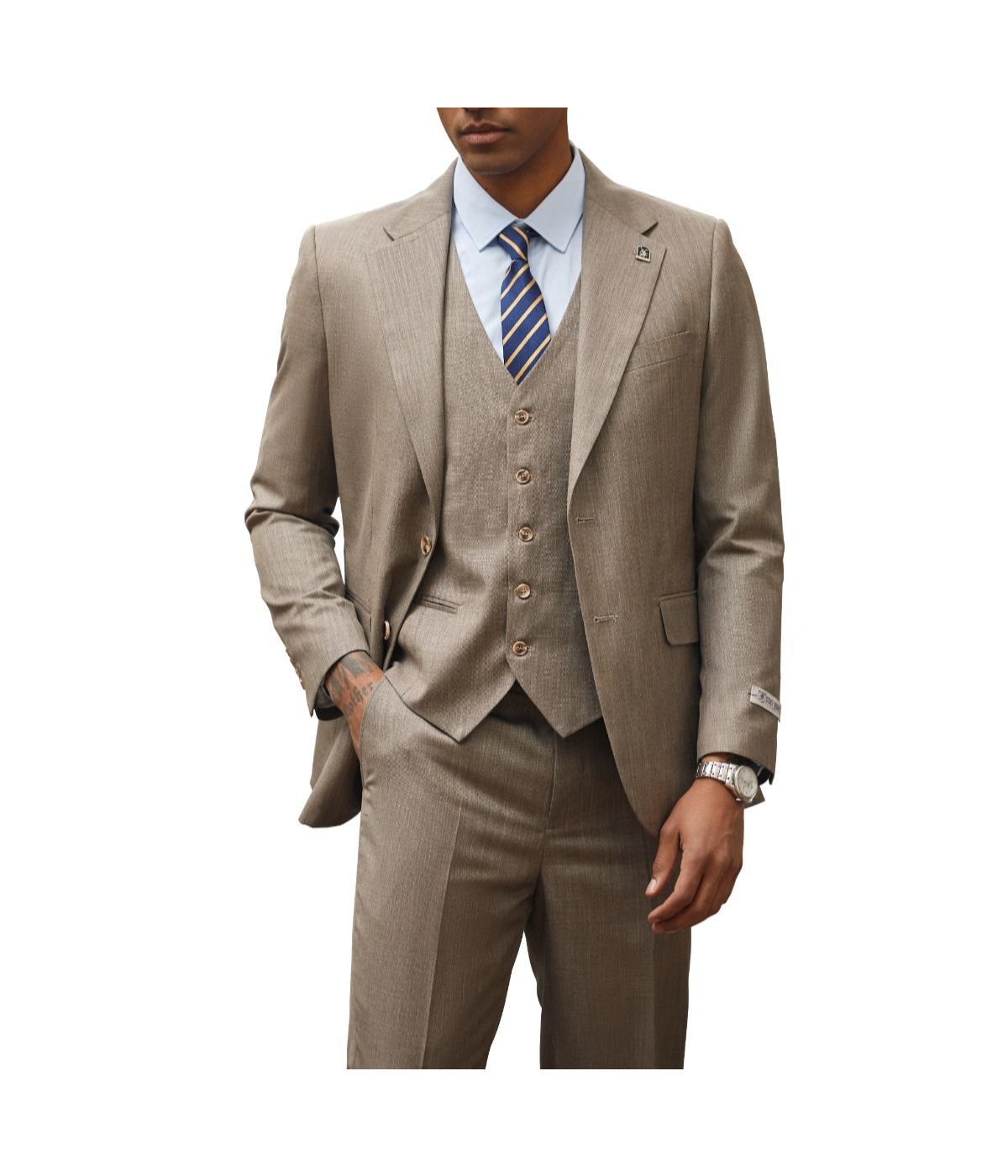 Mens Three Piece Solid Texture Notch Lapel Suit With Matching Vest 1 Tan