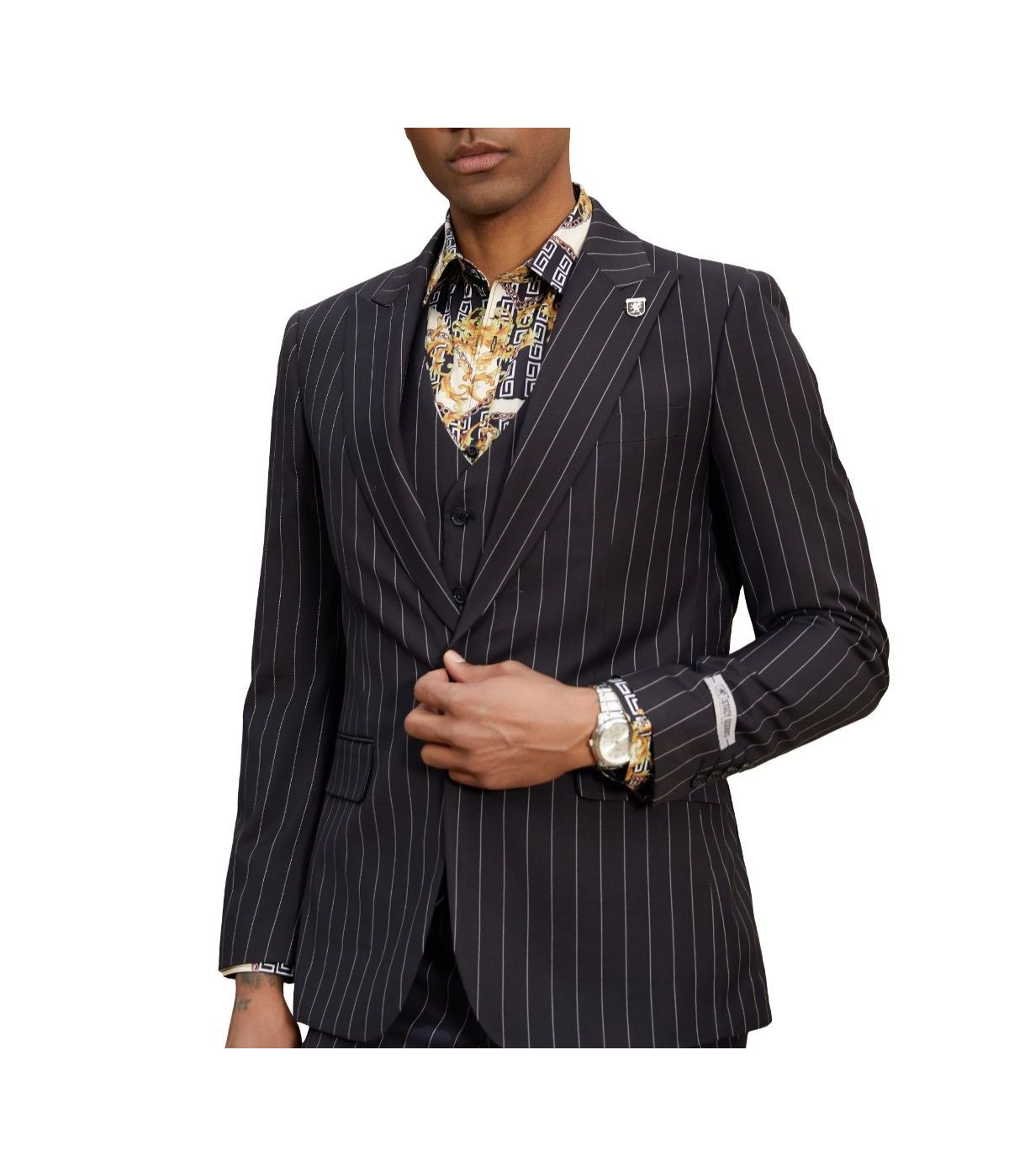 Mens Three Piece Pinstripe Peak Lapel Suit With Matching Vest Black