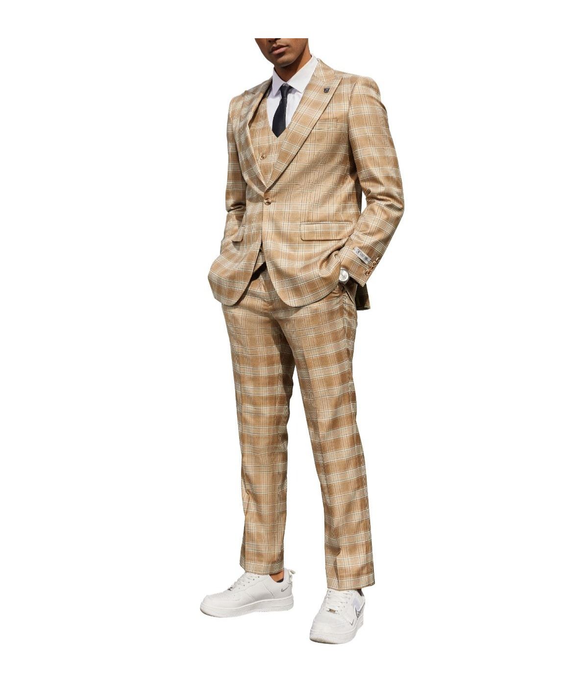 Mens Three Piece Glen Plaid Peak Lapel Suit With Matching Double Breasted Vest Tan