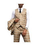 Mens Three Piece Glen Plaid Peak Lapel Suit With Matching Double Breasted Vest Tan