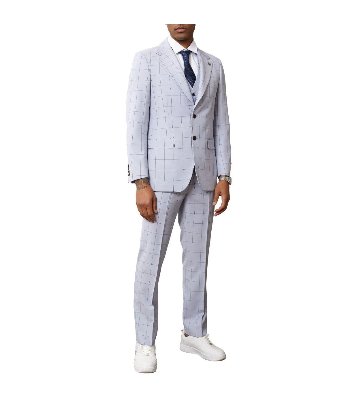 Mens Three Piece Windowpane Notch Lapel With Matching Vest Light Grey