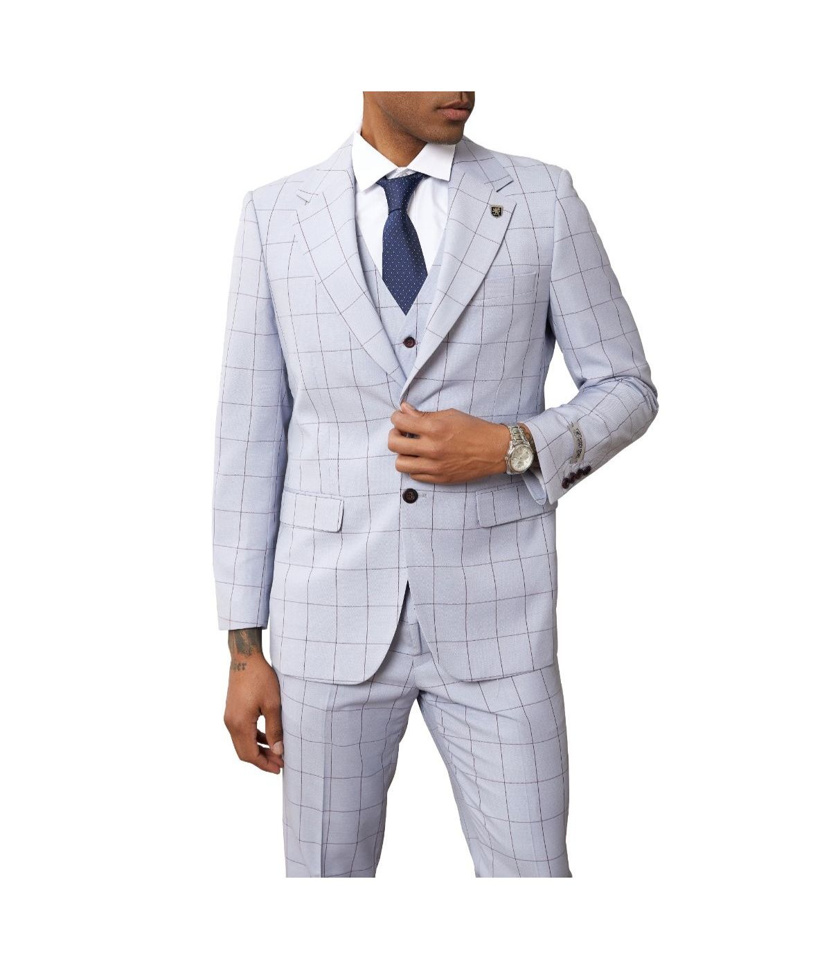 Mens Three Piece Windowpane Notch Lapel With Matching Vest Light Grey