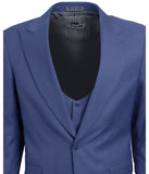 Mens Three Piece Solid Peak Lapel Suit With Matching Vest Navy Blue