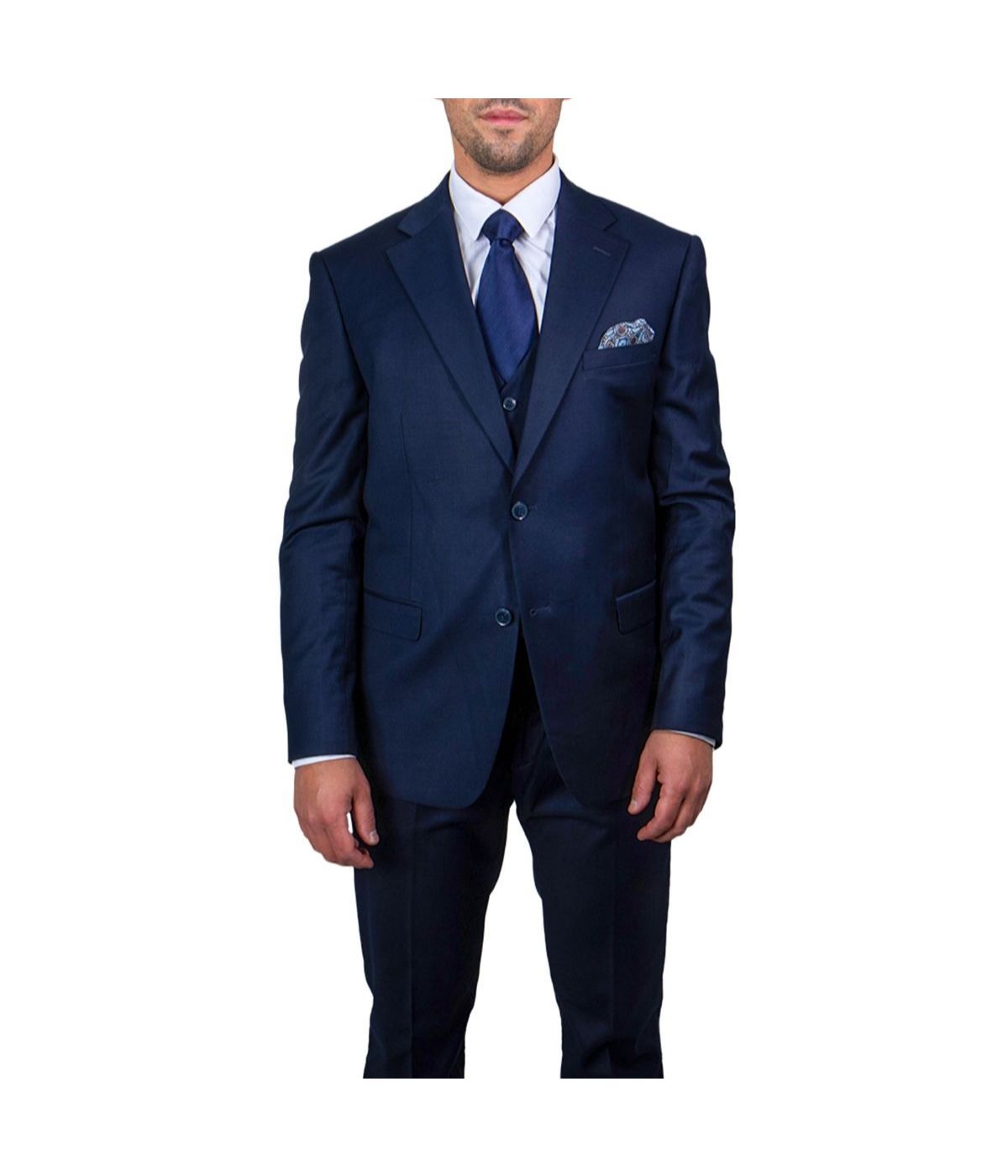 Mens Three Piece Solid Notch Lapel Suit With Matching Vest Navy Blue