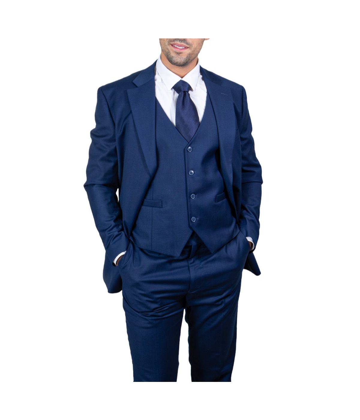 Mens Three Piece Solid Notch Lapel Suit With Matching Vest Indigo