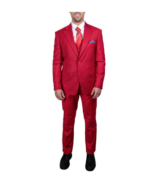 Mens Three Piece Solid Notch Lapel Suit With Matching Vest Red