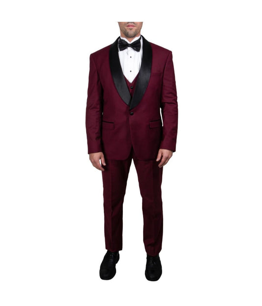 Mens Three Piece Satin Shawl Collar Tuxedo With Matching Vest Burgundy