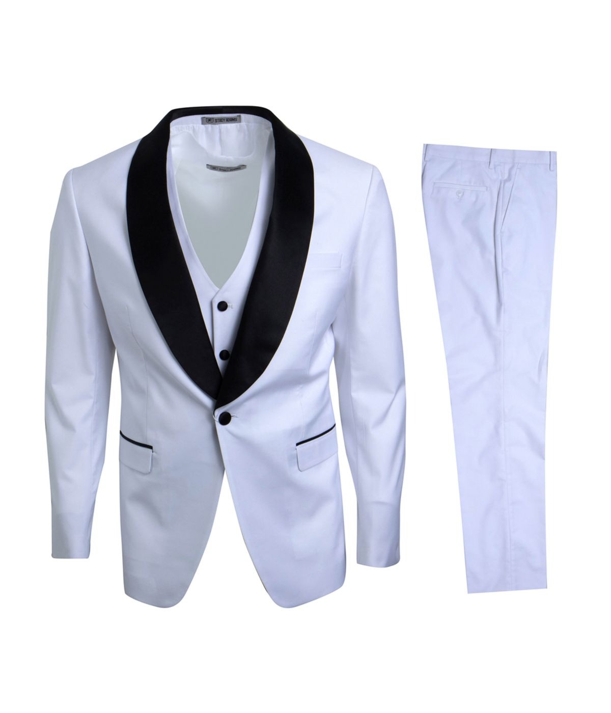 Mens Three Piece Satin Shawl Collar Tuxedo With Matching Vest White