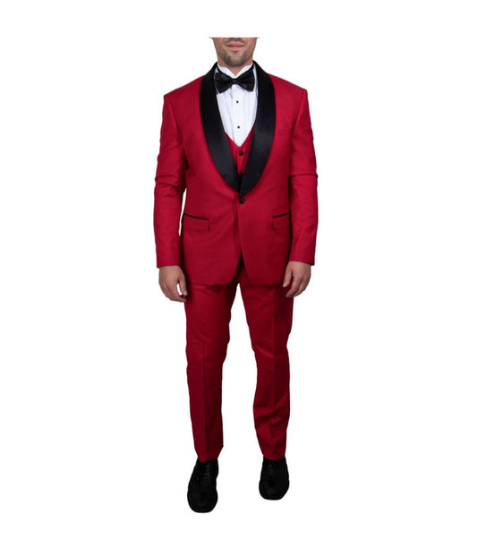 Mens Three Piece Satin Shawl Collar Tuxedo With Matching Vest Red