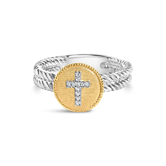 18K Yellow Gold Plated .925 Sterling Silver Diamond Cross Ring with Satin Finish (I-J Color, SI1-SI2 Clarity)-Ring Size 6-1