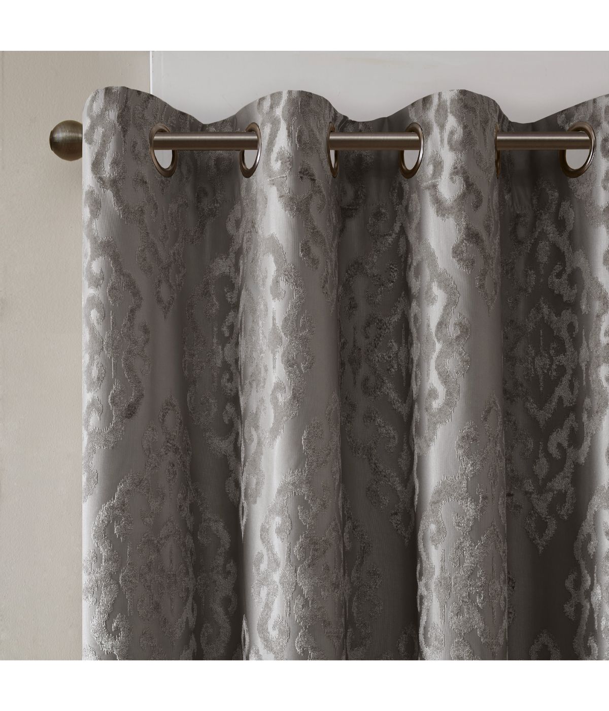 Azalea Knitted Jacquard Damask Total Blackout Grommet Top Curtain Panel Charcoal