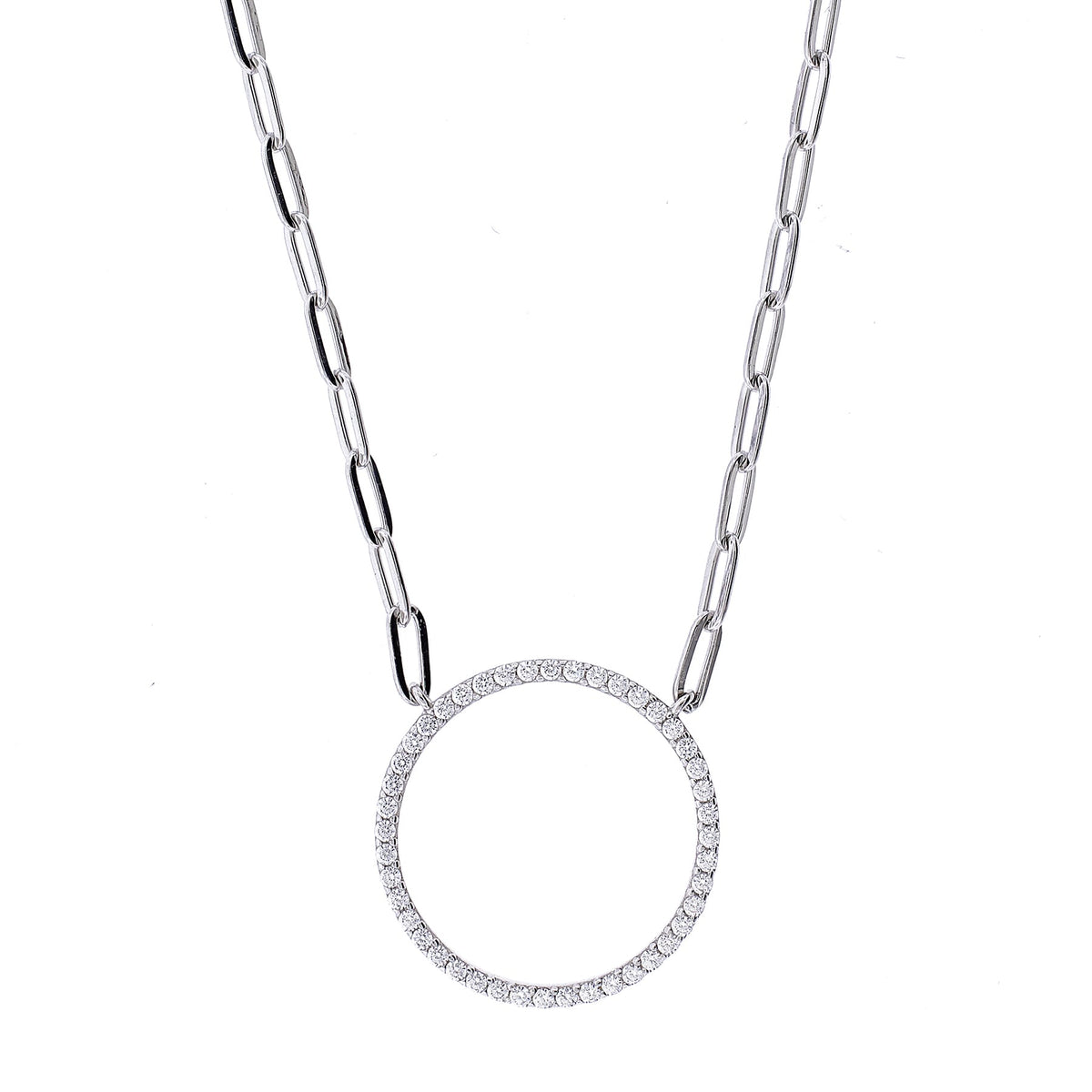 Sterling-Silver-Paperclip-Chain-Necklace-With-Open-CZ-Circle-Station-Clear stone-1