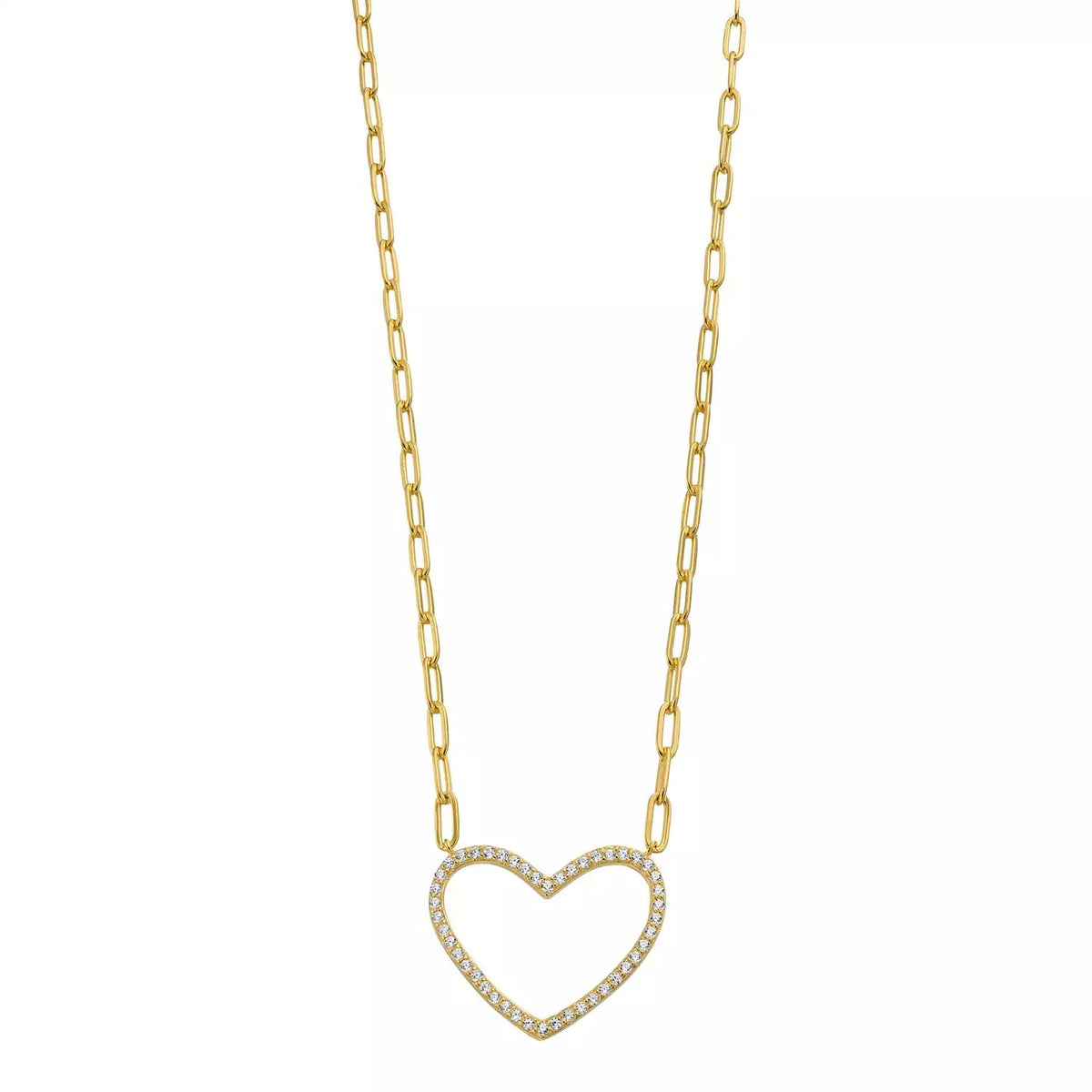 Sterling-Silver-Yellow-Gold-over-Silver-Paperclip-Chain-Necklace-With-Open-CZ-Heart-Station-Clear stone-1