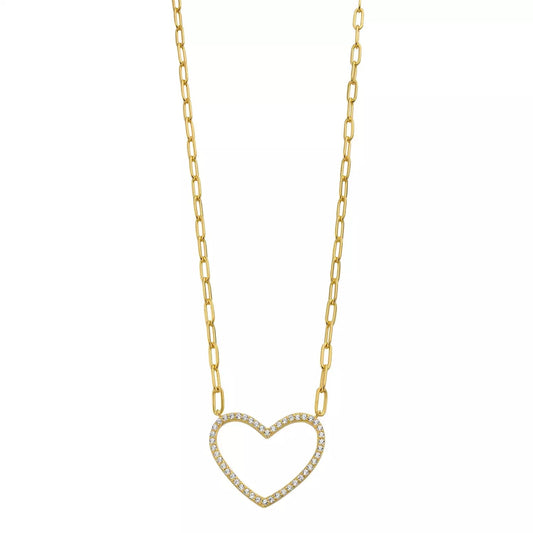 Sterling-Silver-Yellow-Gold-over-Silver-Paperclip-Chain-Necklace-With-Open-CZ-Heart-Station-Clear stone-1