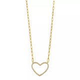 Sterling-Silver-Yellow-Gold-over-Silver-Paperclip-Chain-Necklace-With-Open-CZ-Heart-Station-Clear stone-1