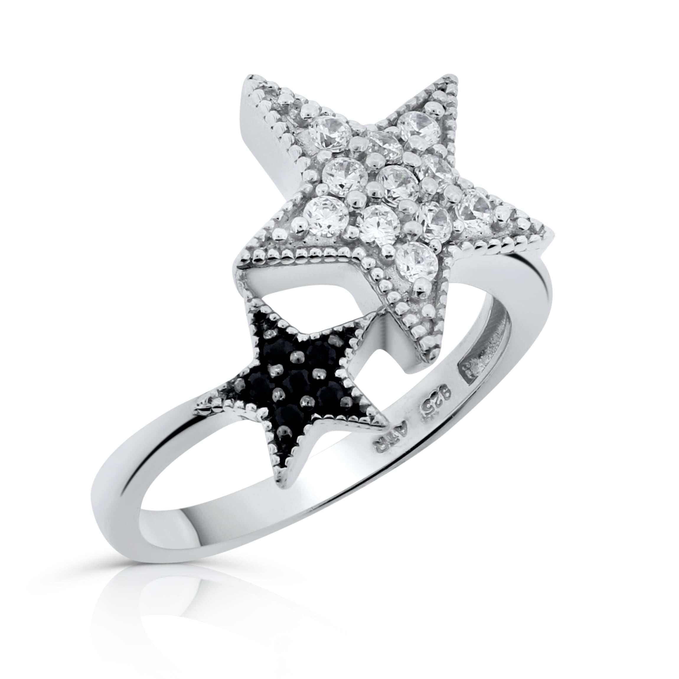 Sterling-Silver-Rhod-Black-And-White-CZ-Star-Ring-Clear stone-2