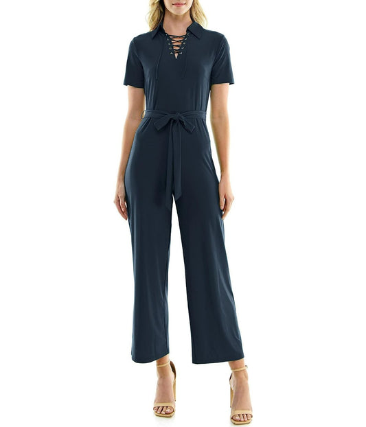 ITY Monaco Stretch Jumpsuit with Neck Tie Detail Deep Navy