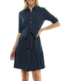 Button To Hem Shirtdress with Pleated Skirt Detail Deep Navy