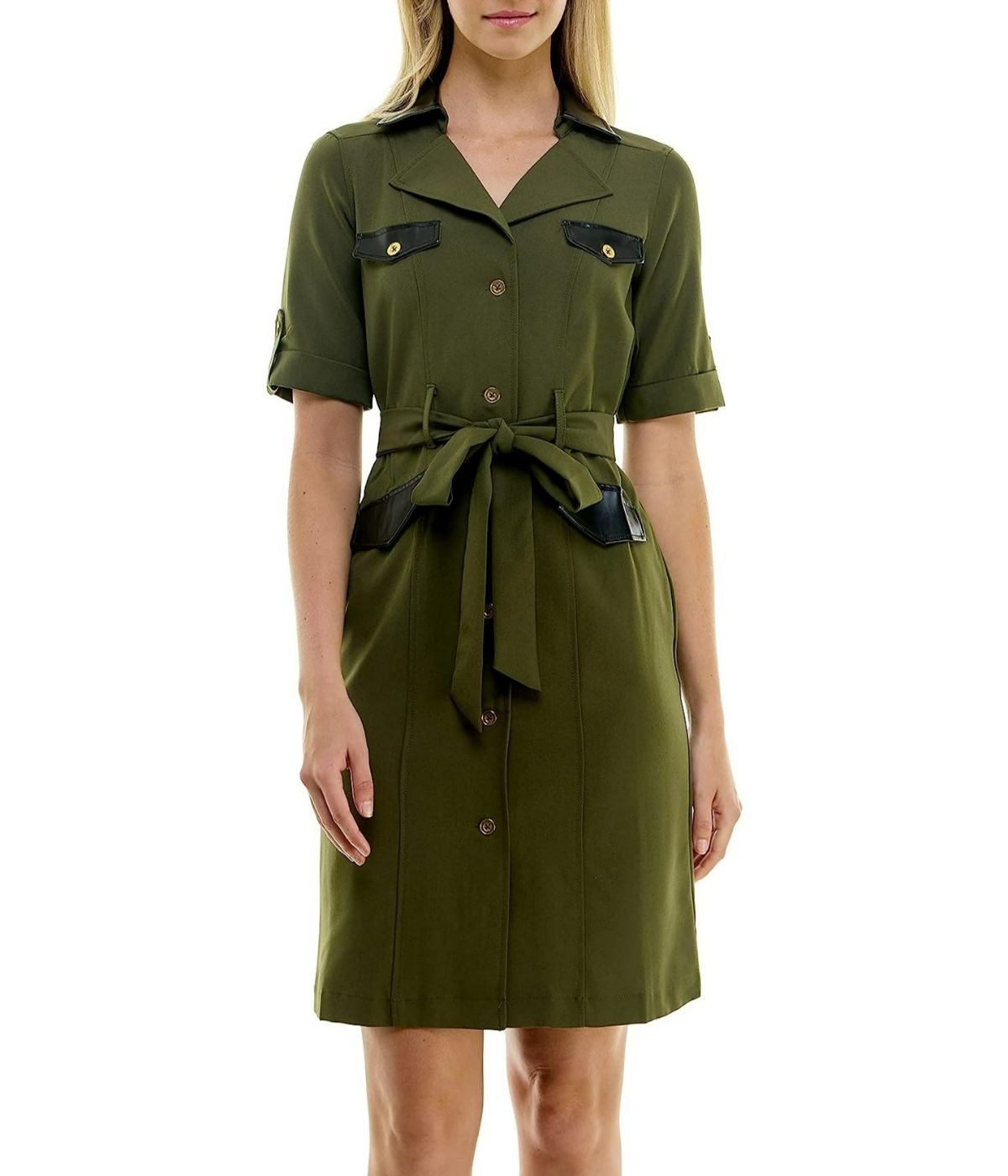 Sharkskin Shirtdress with Pleather Trims Olive Drab/black