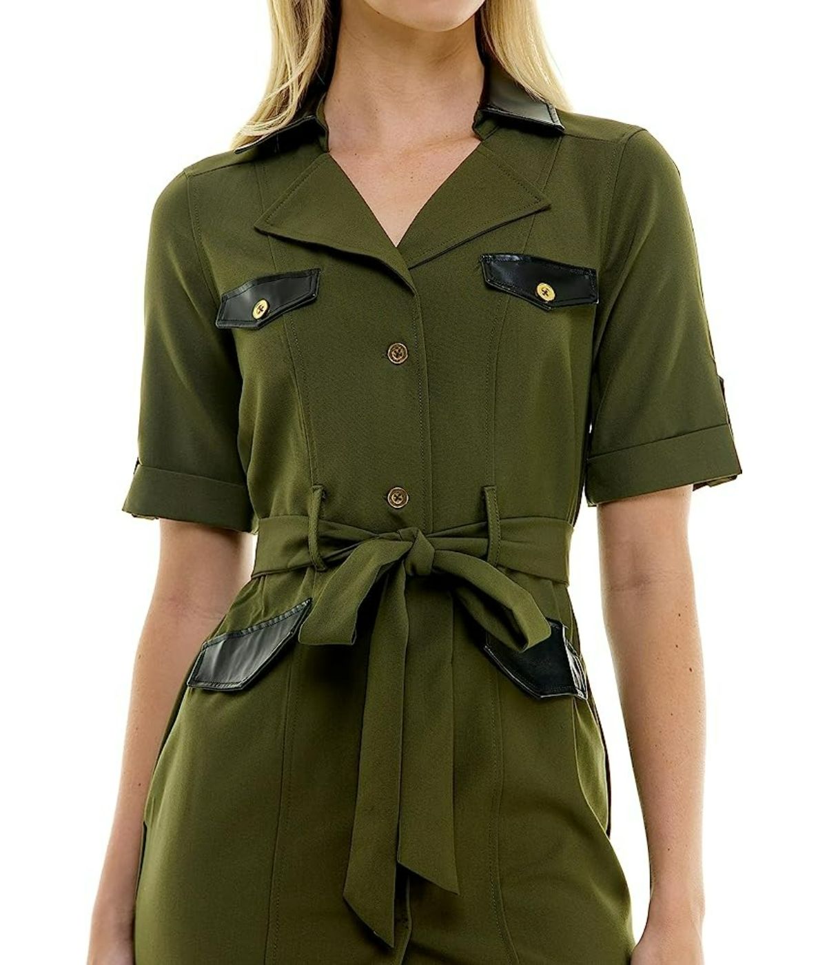 Sharkskin Shirtdress with Pleather Trims Olive Drab/black