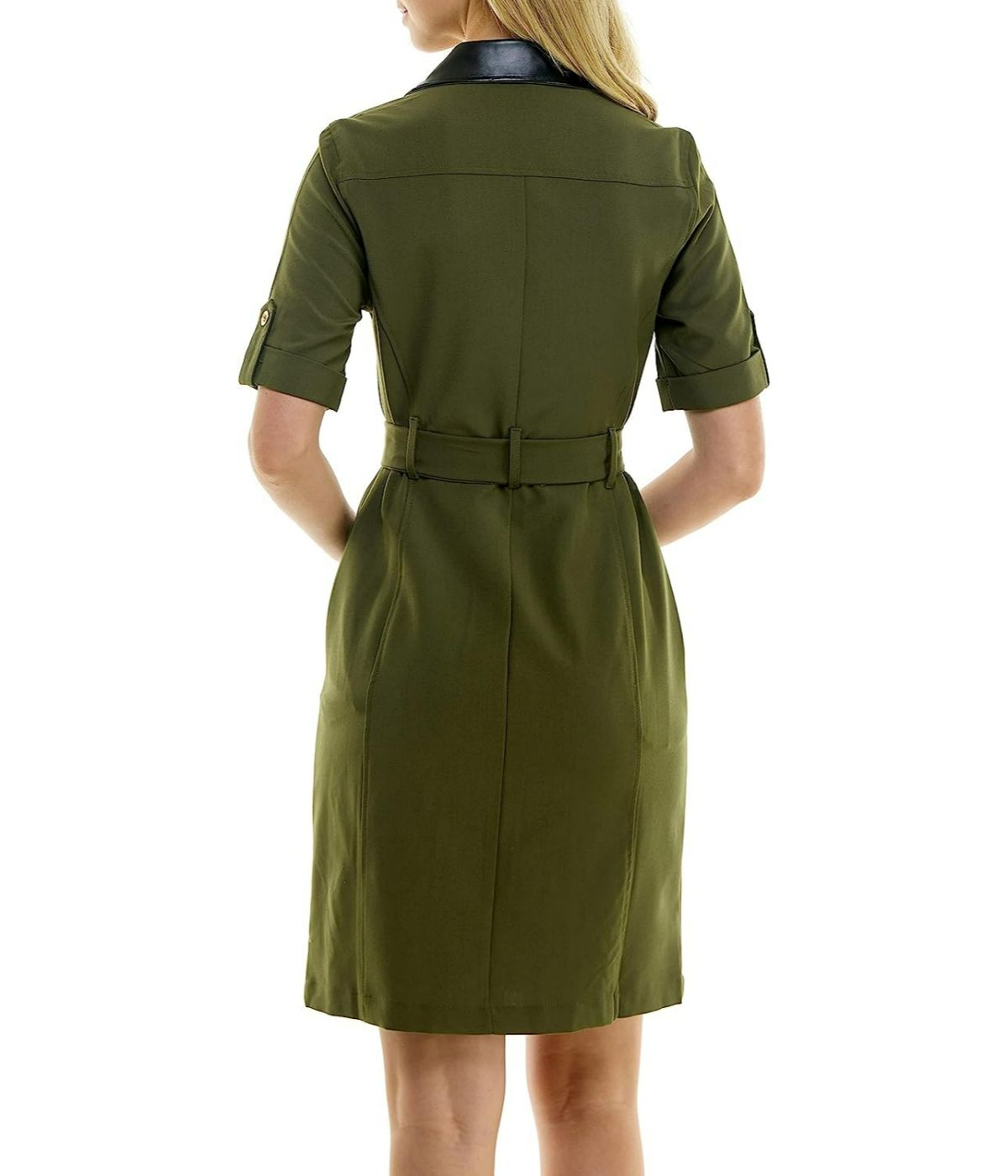 Sharkskin Shirtdress with Pleather Trims Olive Drab/black