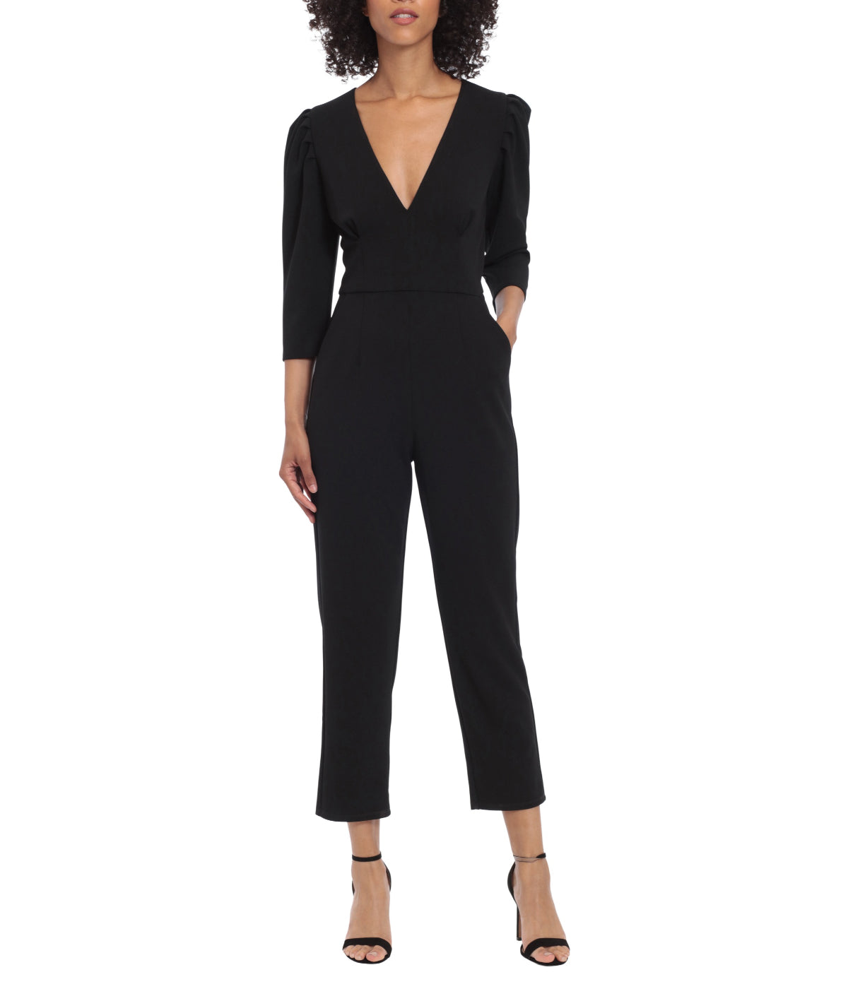 Deep V-Neck Jumpsuit With Puff Sleeves Black