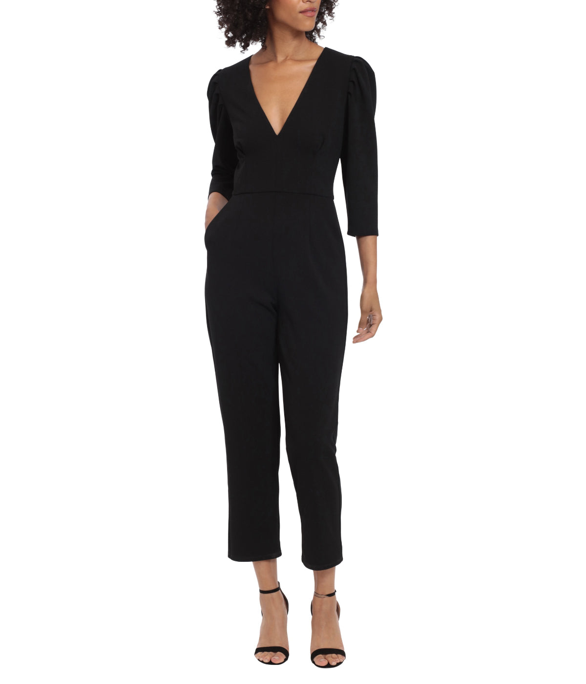 Deep V-Neck Jumpsuit With Puff Sleeves Black