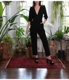 Deep V-Neck Jumpsuit With Puff Sleeves Black