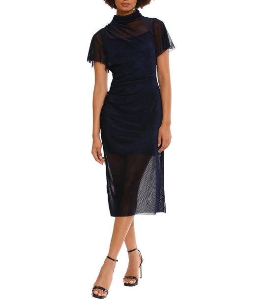 Flutter Sleeve Midi Dress With Side Slit Navy 