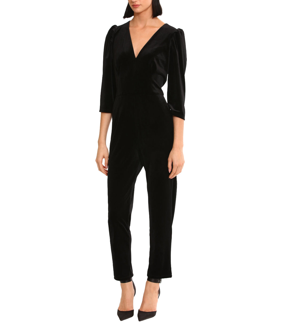 Deep V-Neck Jumpsuit With Puff Sleeves Black