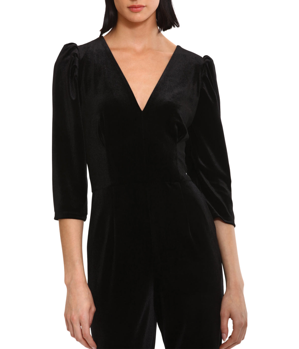 Deep V-Neck Jumpsuit With Puff Sleeves Black