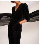 Deep V-Neck Jumpsuit With Puff Sleeves Black