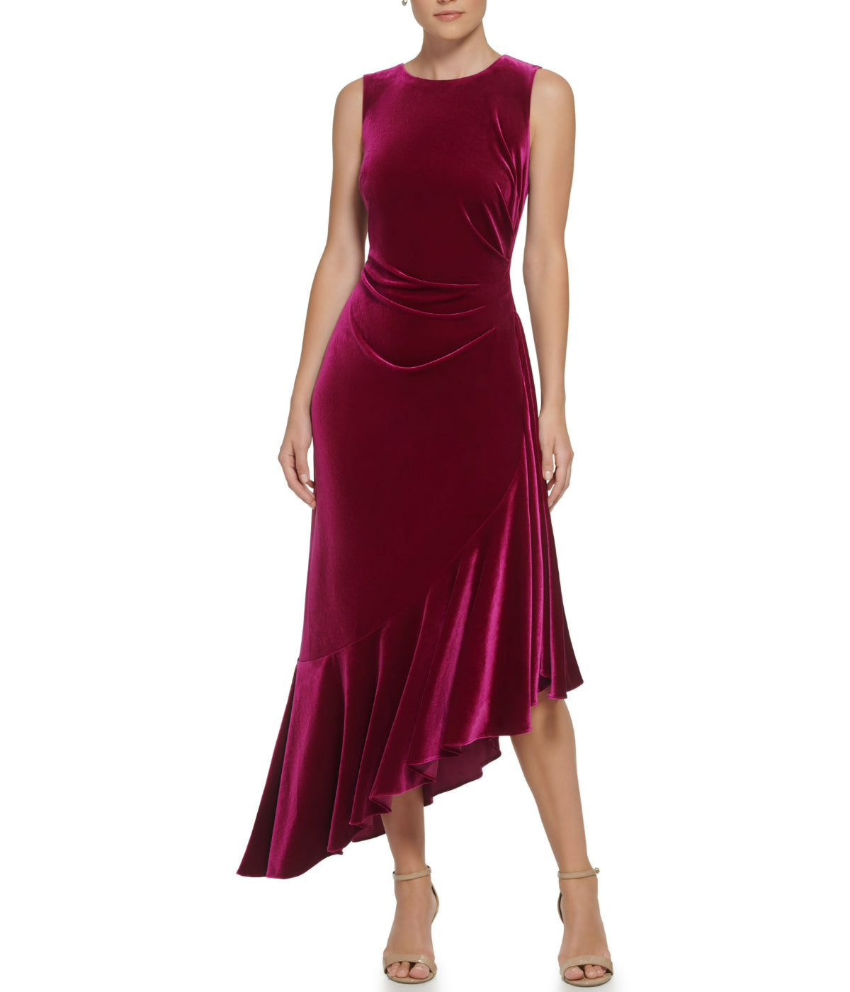 Sleeveless Cocktail Midi W/ Ruffle Fuschia