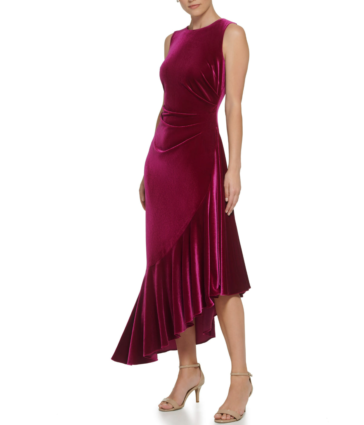 Sleeveless Cocktail Midi W/ Ruffle Fuschia