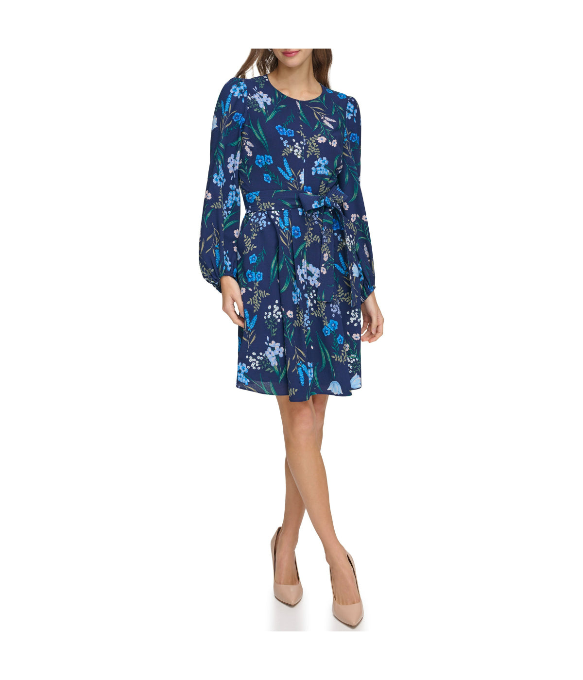 Jewel Neck Long Sleeve Fit & Flare With Trapunto Belt Navy – Gordmans