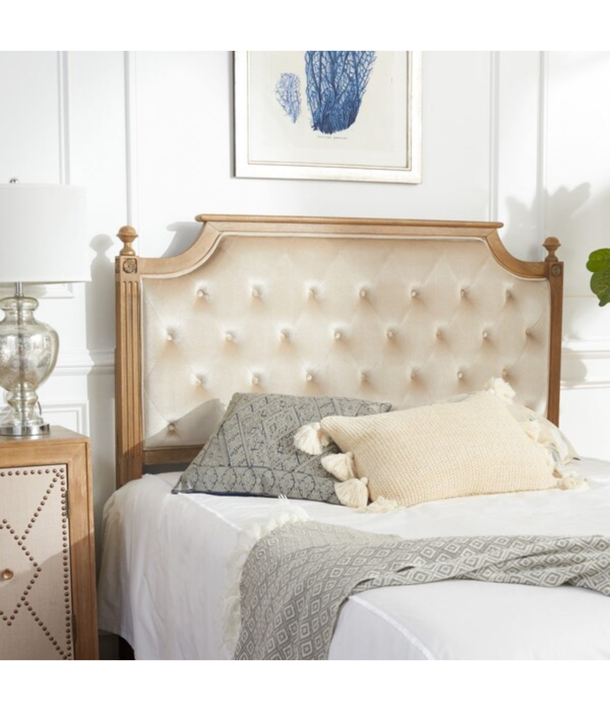 Rustic Tuffed Velvet Headboard Beige/Rustic Oak