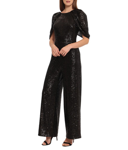 Elizabeth Sequin Jumpsuit With Cape Black