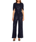 Elizabeth Sequin Jumpsuit With Cape Navy