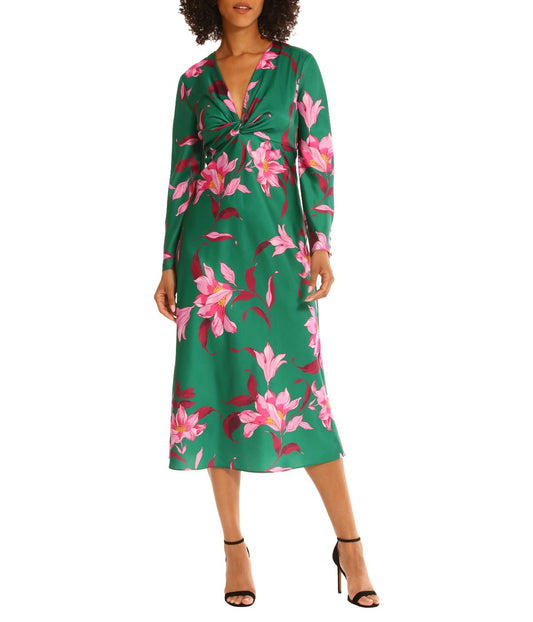 Twist Neck Midi Emerald Green/Pink Blossom